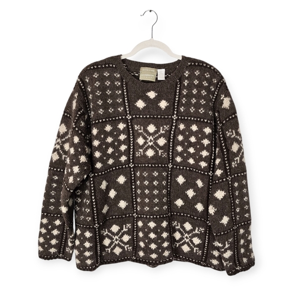 Vintage Liz Claiborne Shetland Wool Square Pattern Boxy Intarsia Knit Sweater - Picture 1 of 6